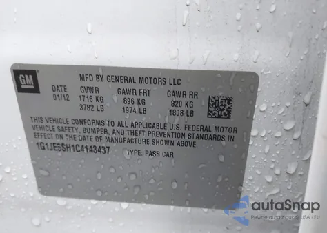 2012 Chevrolet Sonic 2Lz from USA, damaged, VIN 1G1JE5SH1C4143437